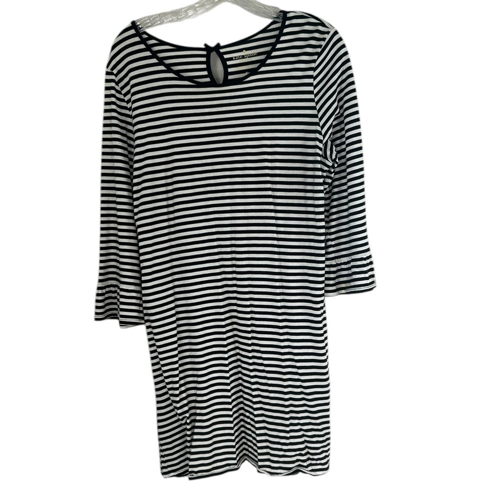 Kate Spade SZ M Black White Striped Ruffle 3/4 Sleeve Shirt Shift Tunic  Dress